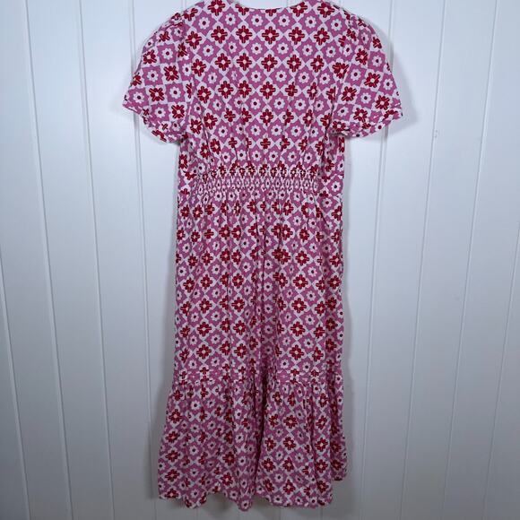 Boden Plus SIze Dress 16 Linen Midi Length Pink White Red Short Sleeve Pullover - Picture 3 of 8